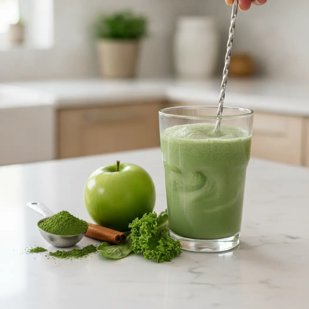 A scoop of green Morning Complete powder in a glass of water with greens and cinnamon