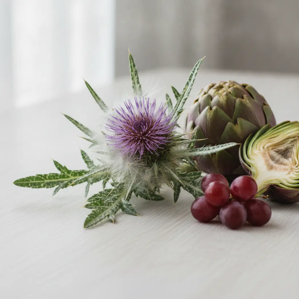 Akka's botanical ingredients: milk thistle (silymarin), artichoke and grapes for resveratrol