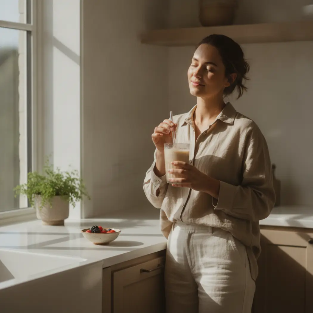 A woman drinking a colostrum supplement drink as part of a calm morning wellness routine
