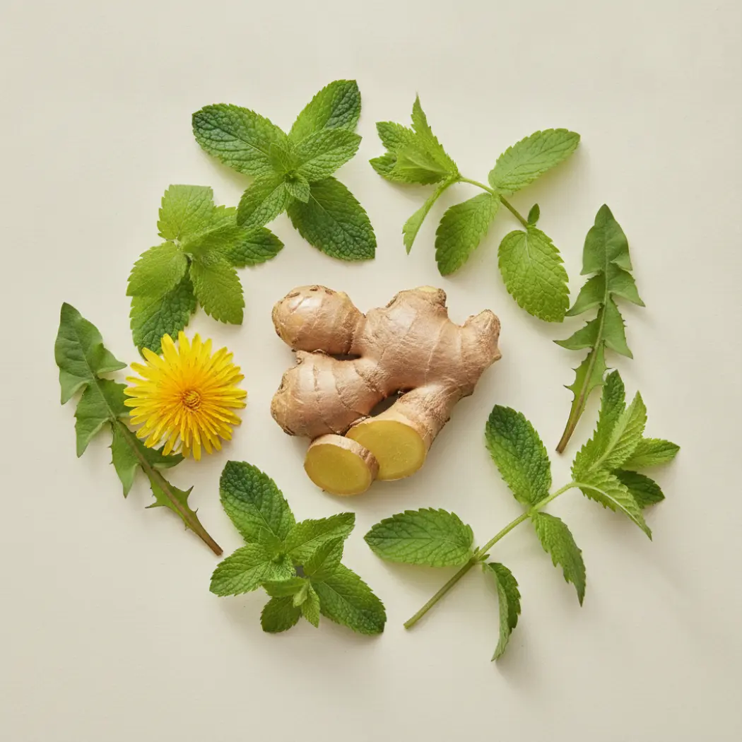 Arrae Bloat's herbal ingredients: ginger, peppermint, dandelion and lemon balm