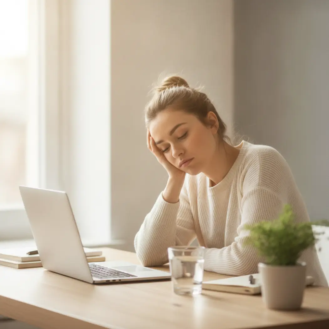 A woman at a desk in the afternoon experiencing brain fog and low energy after eating