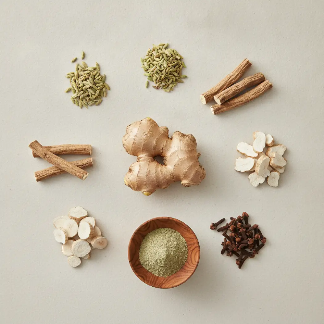 Digestive botanicals including ginger, fennel seed, licorice root, marshmallow root and cloves