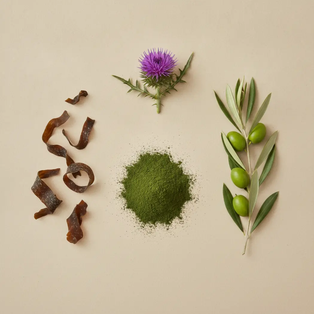 CLEANSL8's binder and herbal ingredients: chlorella, seaweed, olive leaf and milk thistle