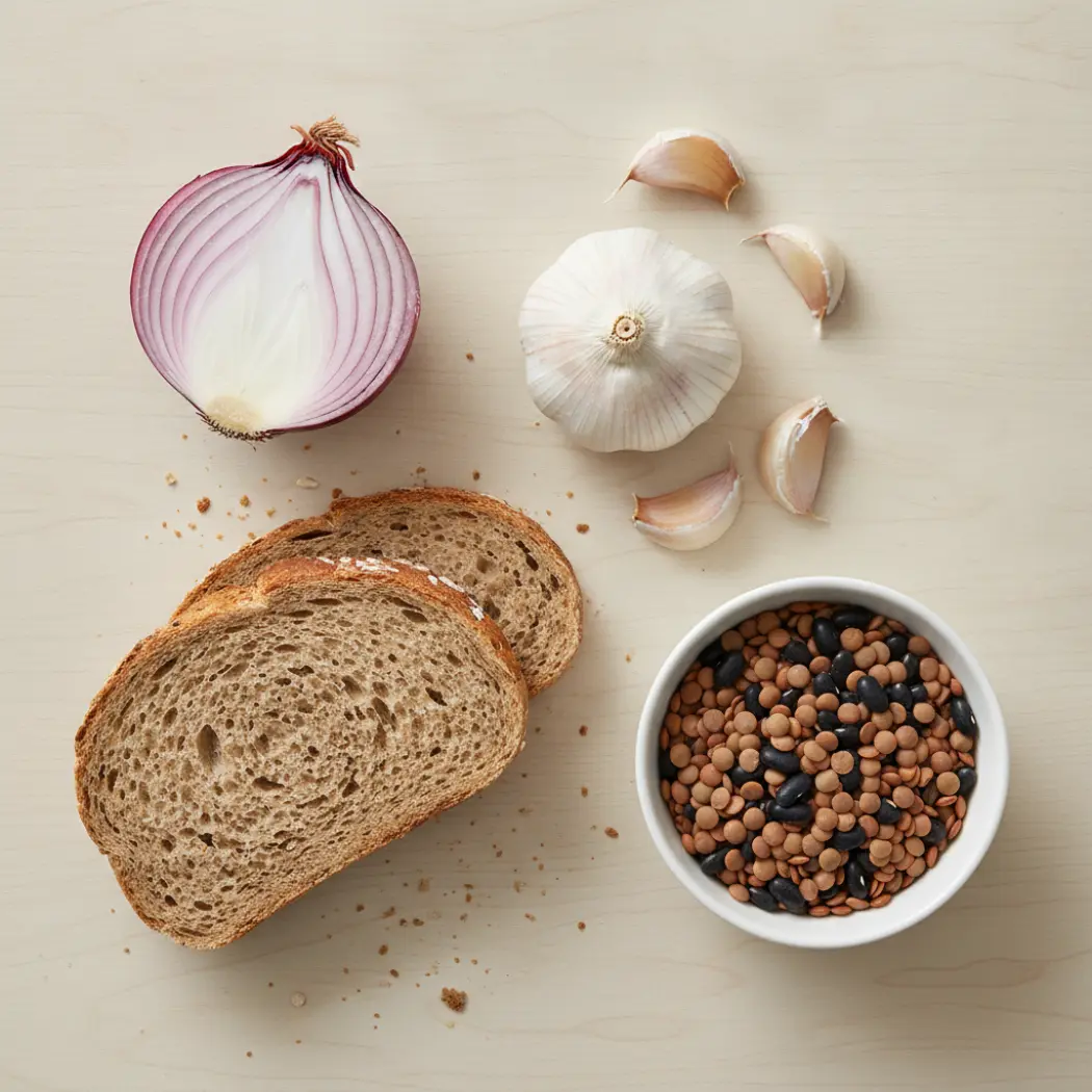 High-FODMAP trigger foods FODZYME targets: garlic, onion, wheat bread and beans