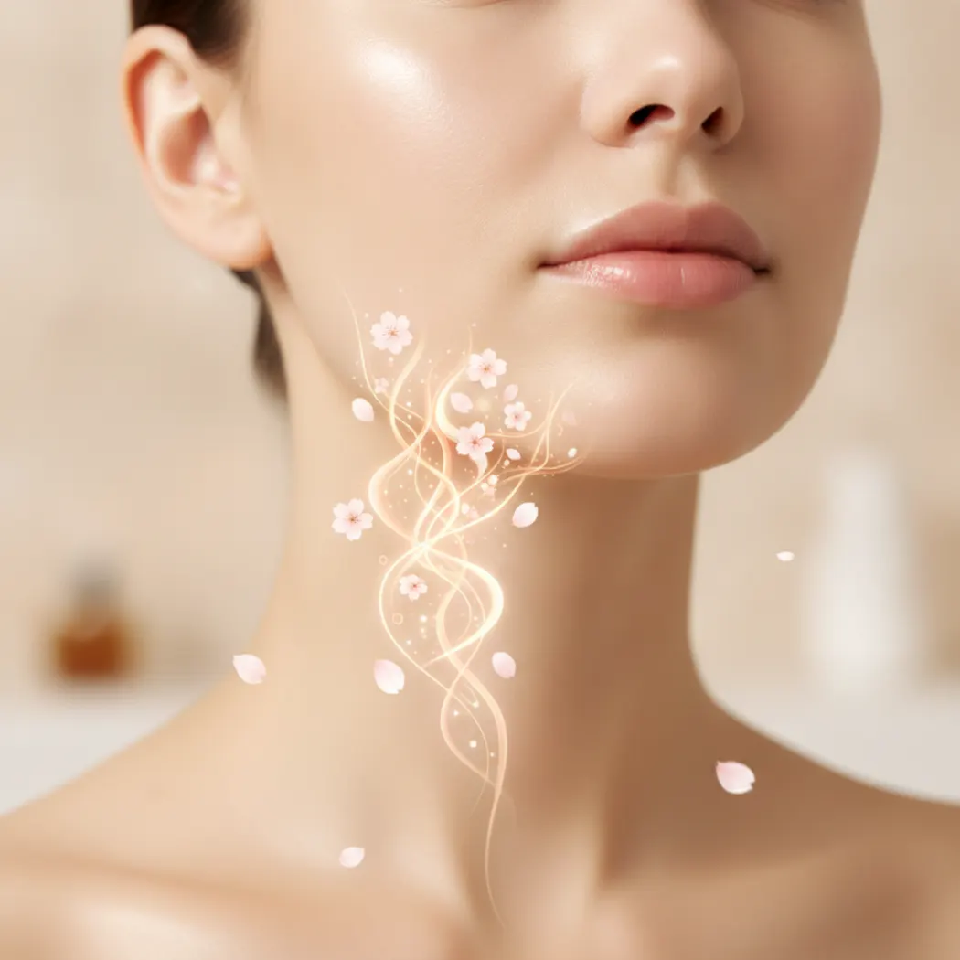 BioSkin Youth Complex gut-skin axis concept with glowing skin and cherry blossom