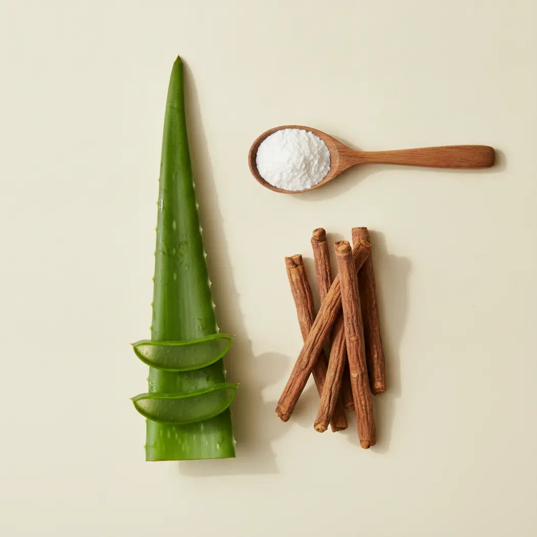 The Gut Soother's soothing gut-lining ingredients: aloe vera, DGL licorice root and L-glutamine powder