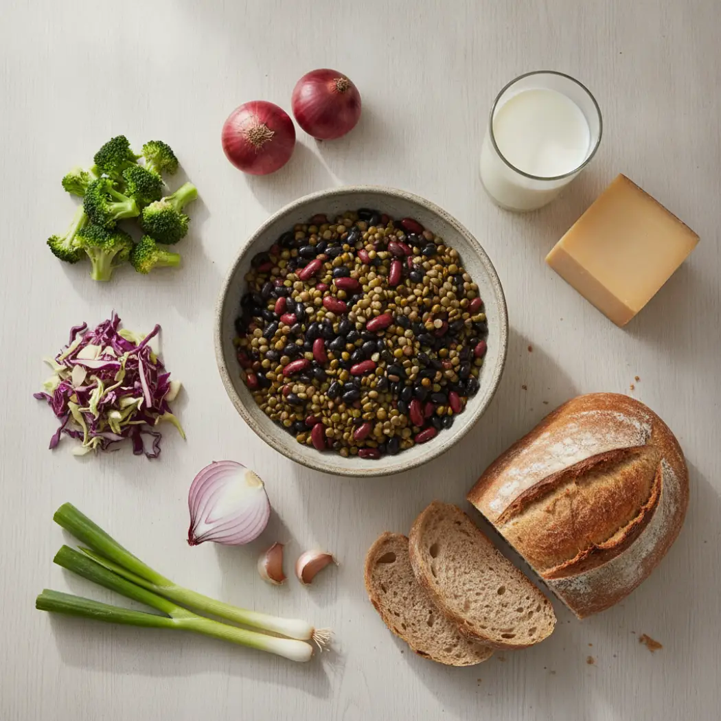 Hard-to-digest, bloat-triggering foods including beans, broccoli, cabbage, dairy, bread and onions