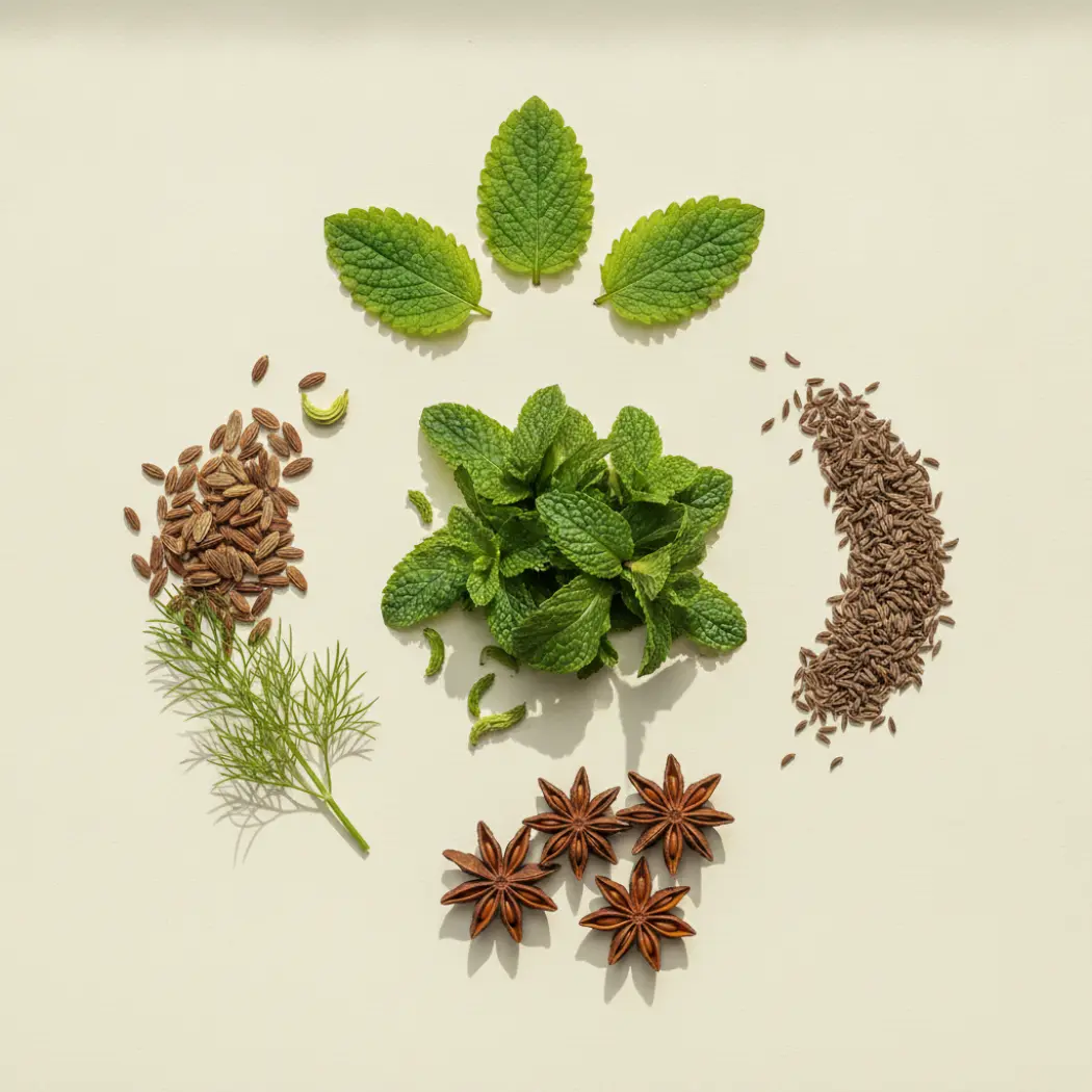 The carminative herbs in Hilma Gas + Bloat Relief: peppermint, fennel, caraway, anise and lemon balm