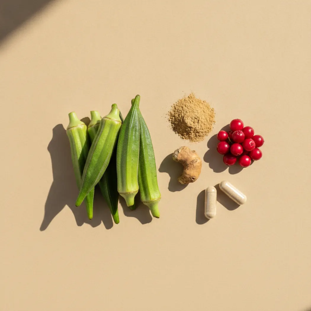 Gut Essentials ingredients: okra, ashwagandha and lingonberry