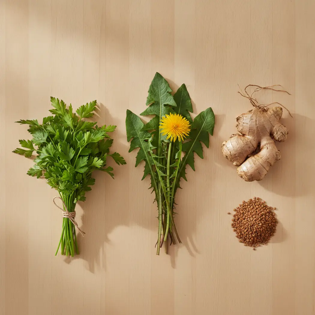 The debloat herbs in Bye Bye Bloat: parsley, dandelion, ginger and fenugreek seeds