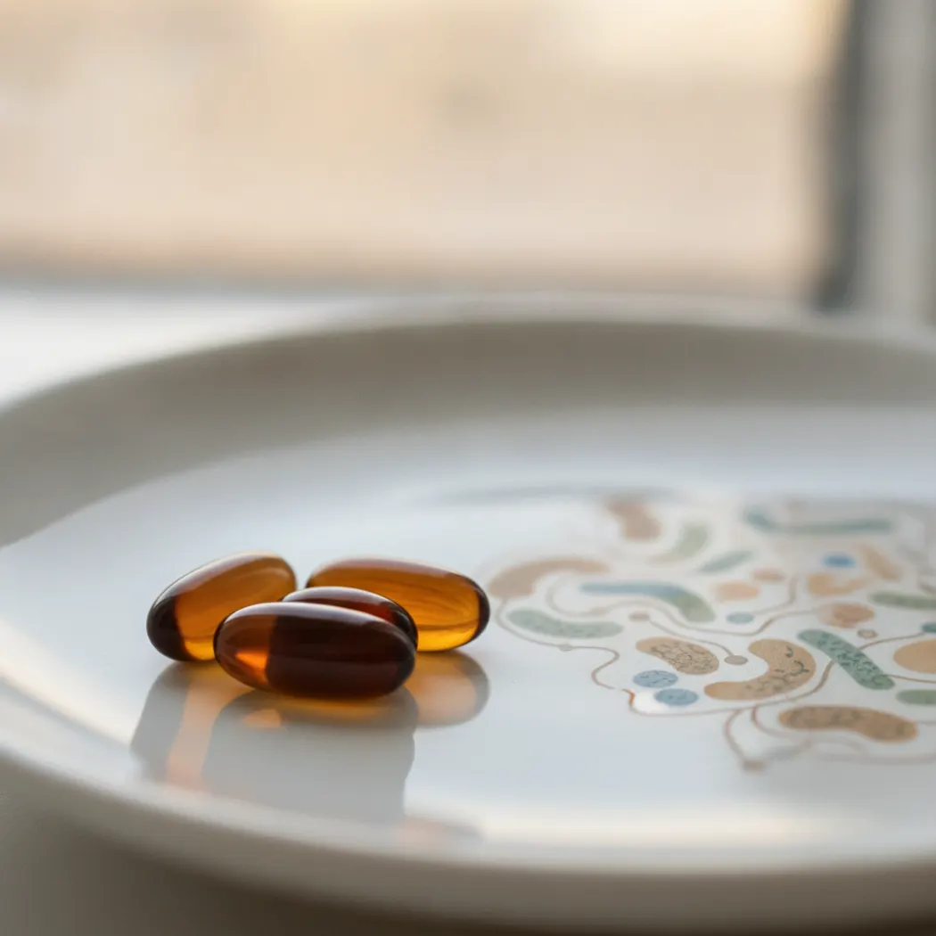 mindbodygreen advanced probiotic+ capsules and gut microbiome illustration