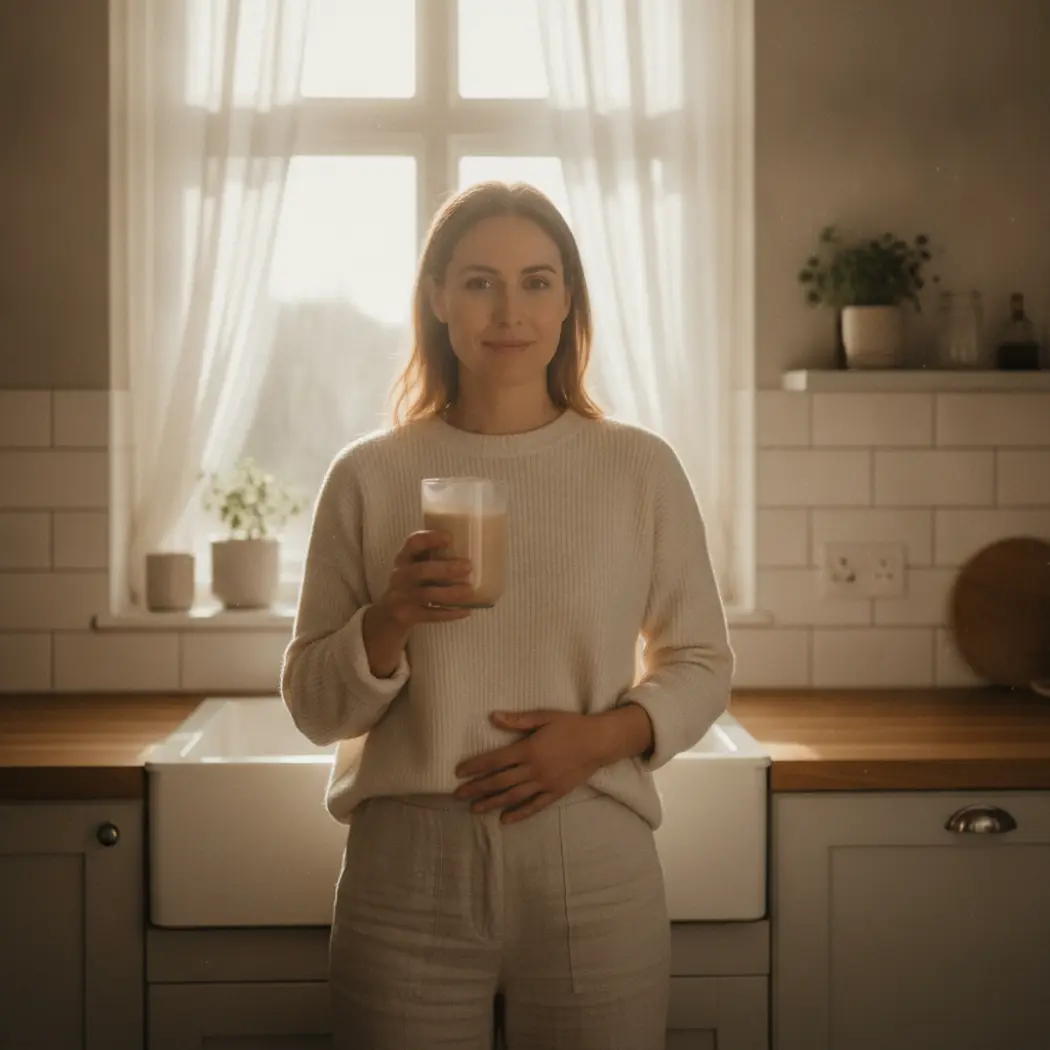 A person mixing a gut-barrier supplement powder in a bright kitchen, hand resting on their stomach