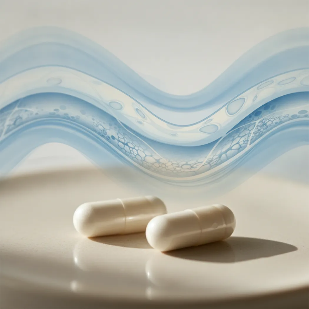 Pendulum Akkermansia capsules and an illustration of the intestinal mucin lining