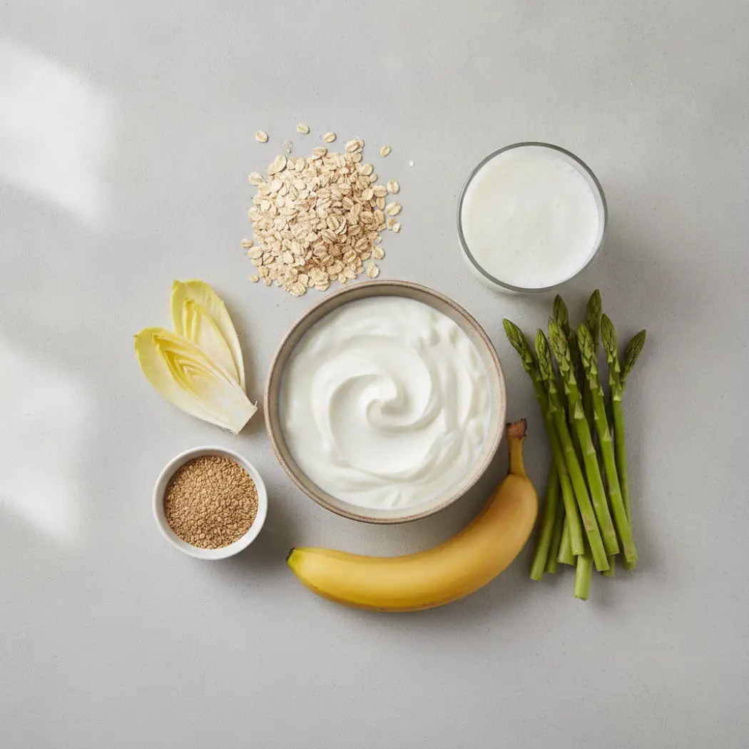 Prebiotic and probiotic foods including yogurt, kefir, oats, banana, asparagus and chicory root