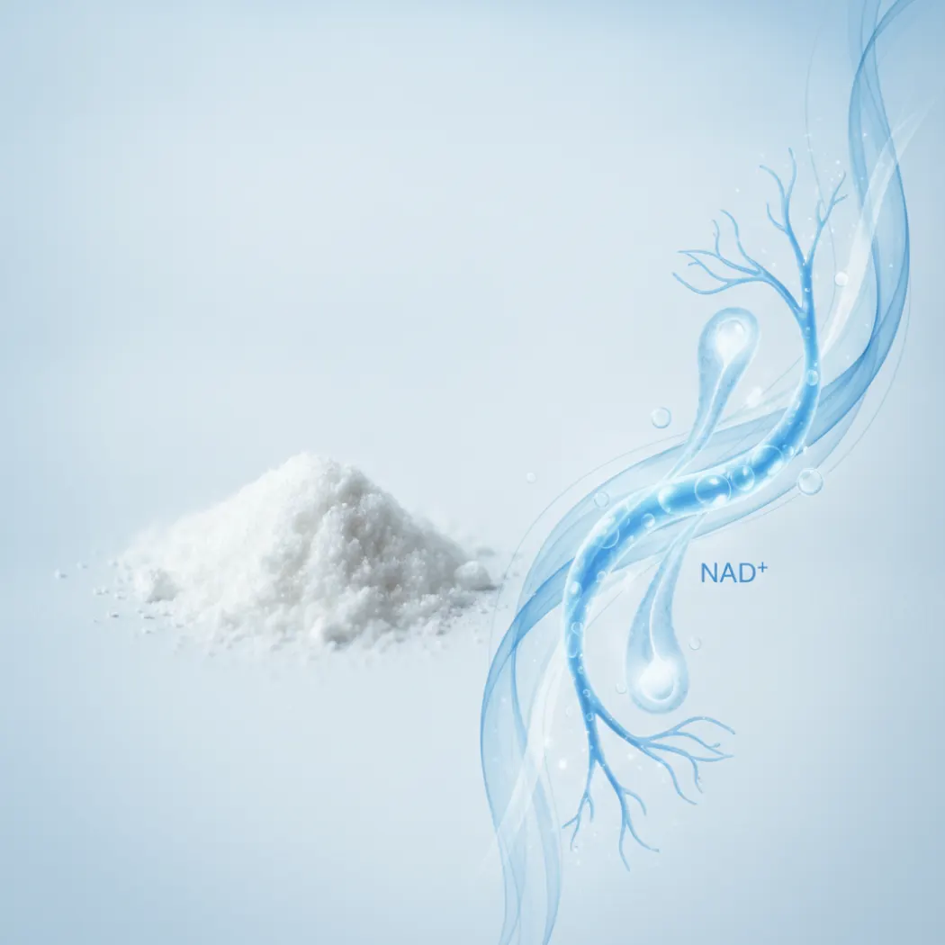 NMN powder and an illustration of cellular energy and NAD+