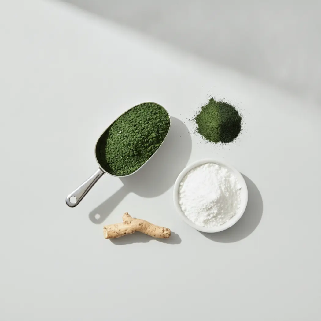 Morning Kick ingredients: greens powder, spirulina, ashwagandha and collagen