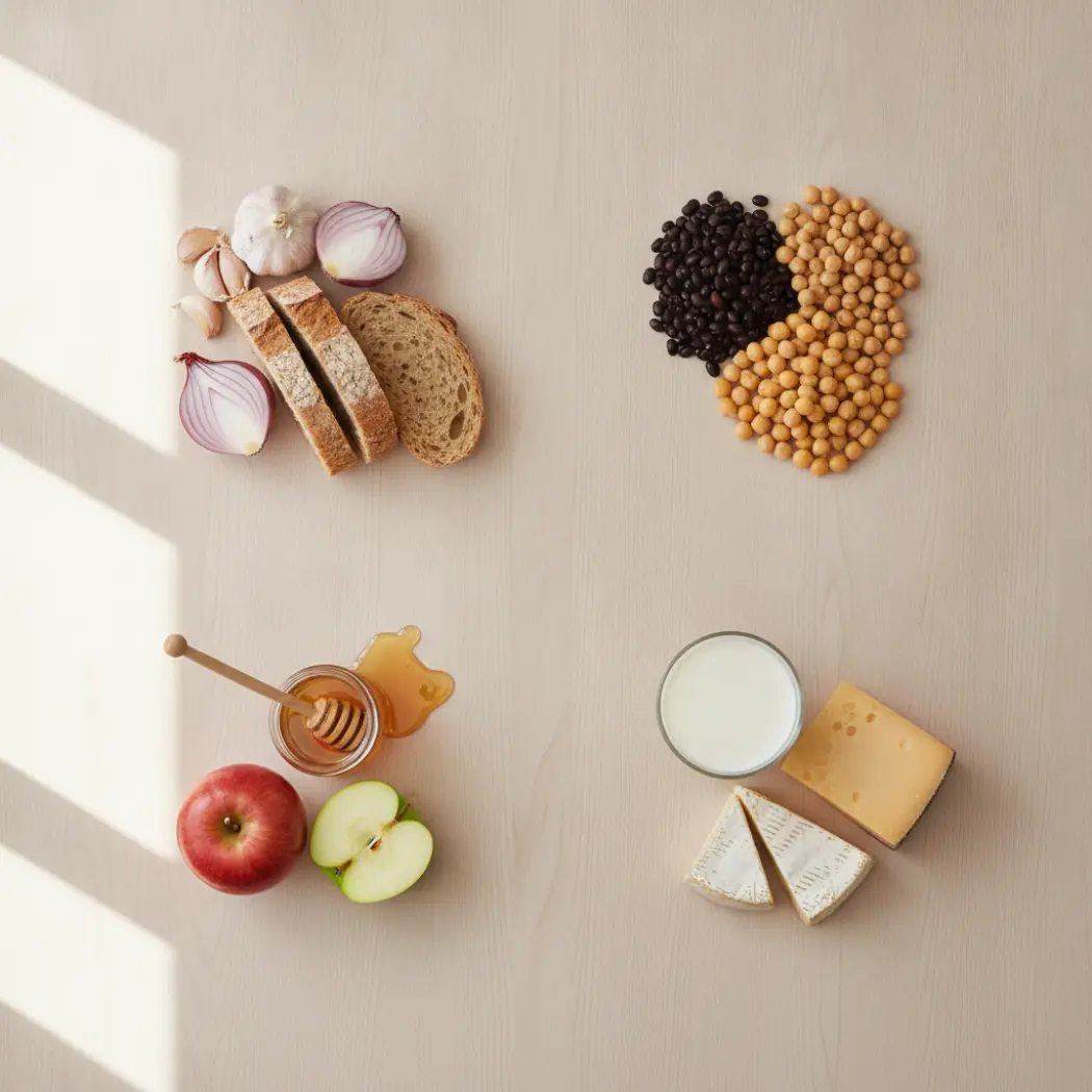 The four high-FODMAP food groups Silver Fern Bloat & Gas Relief targets: fructans, GOS, fructose and lactose