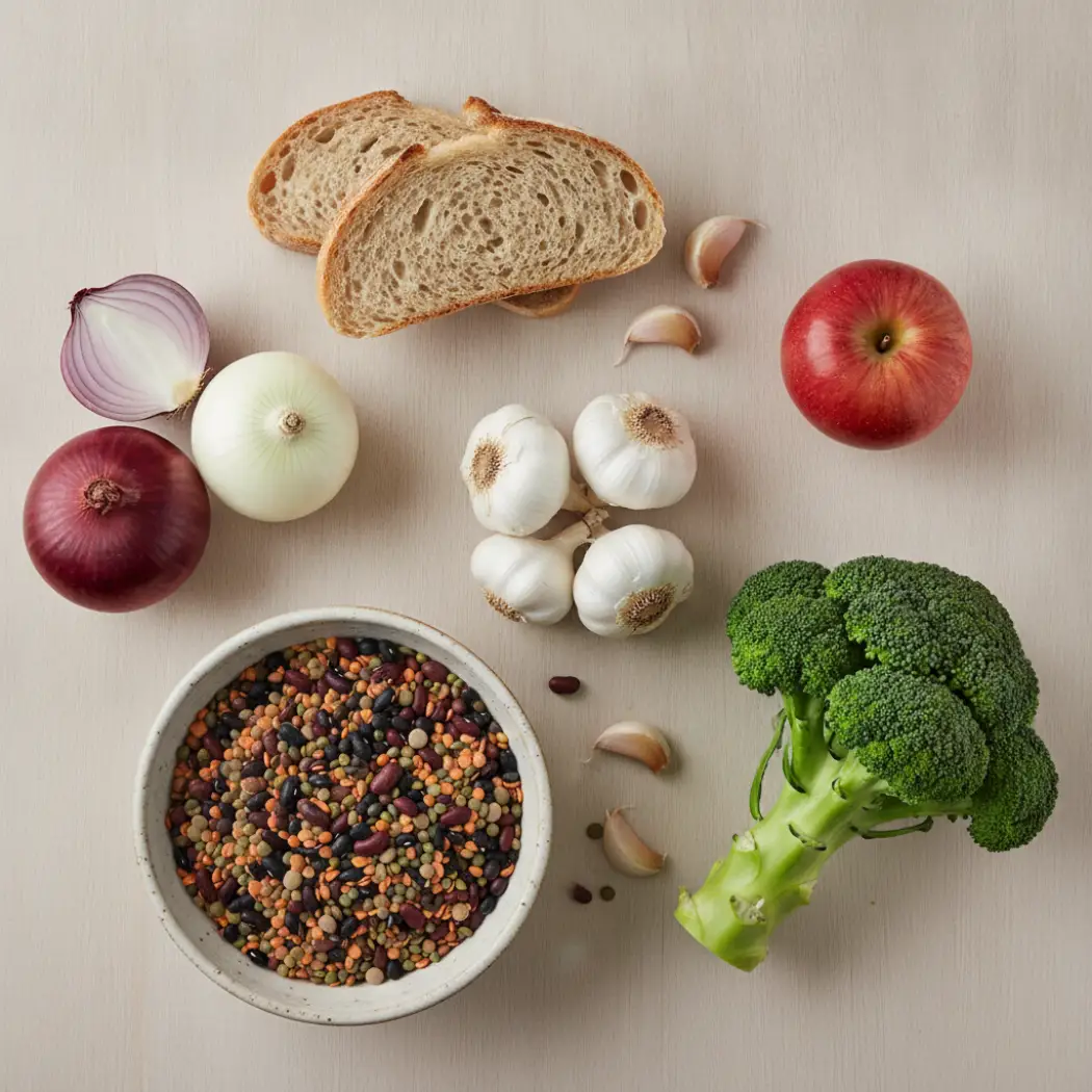 High-FODMAP trigger foods including garlic, onion, beans, lentils, wheat bread, apple and broccoli