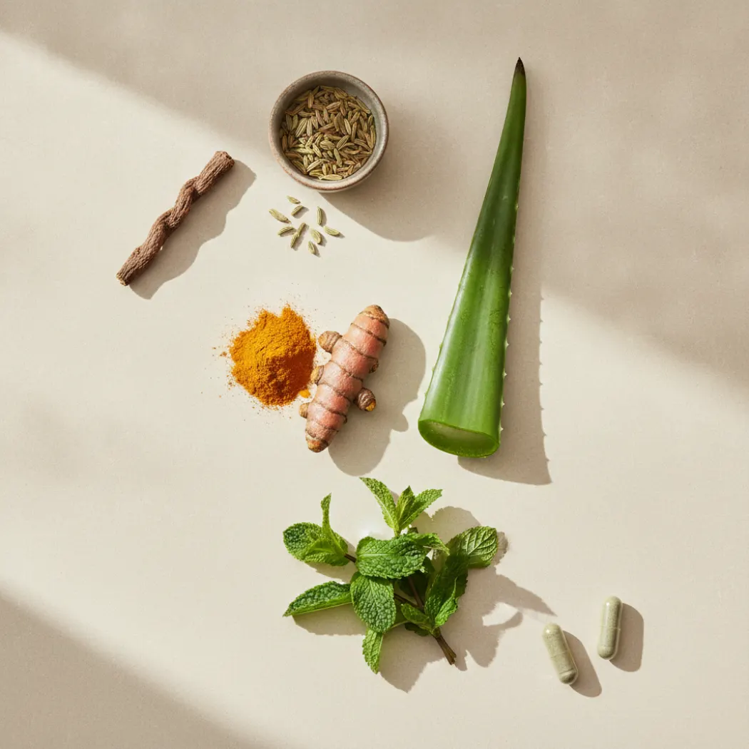 Snap Gut Health ingredients: turmeric, aloe, peppermint, fennel and licorice