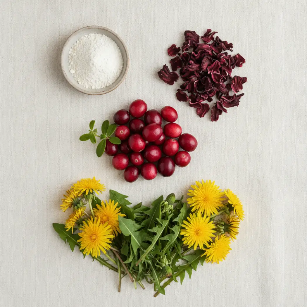 Women's-health botanicals including cranberries, hibiscus flowers, dandelion and prebiotic fiber