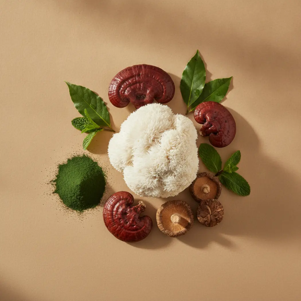 Terra Mare Morning Restore ingredients: lion's mane, reishi and shiitake mushrooms with spirulina and greens