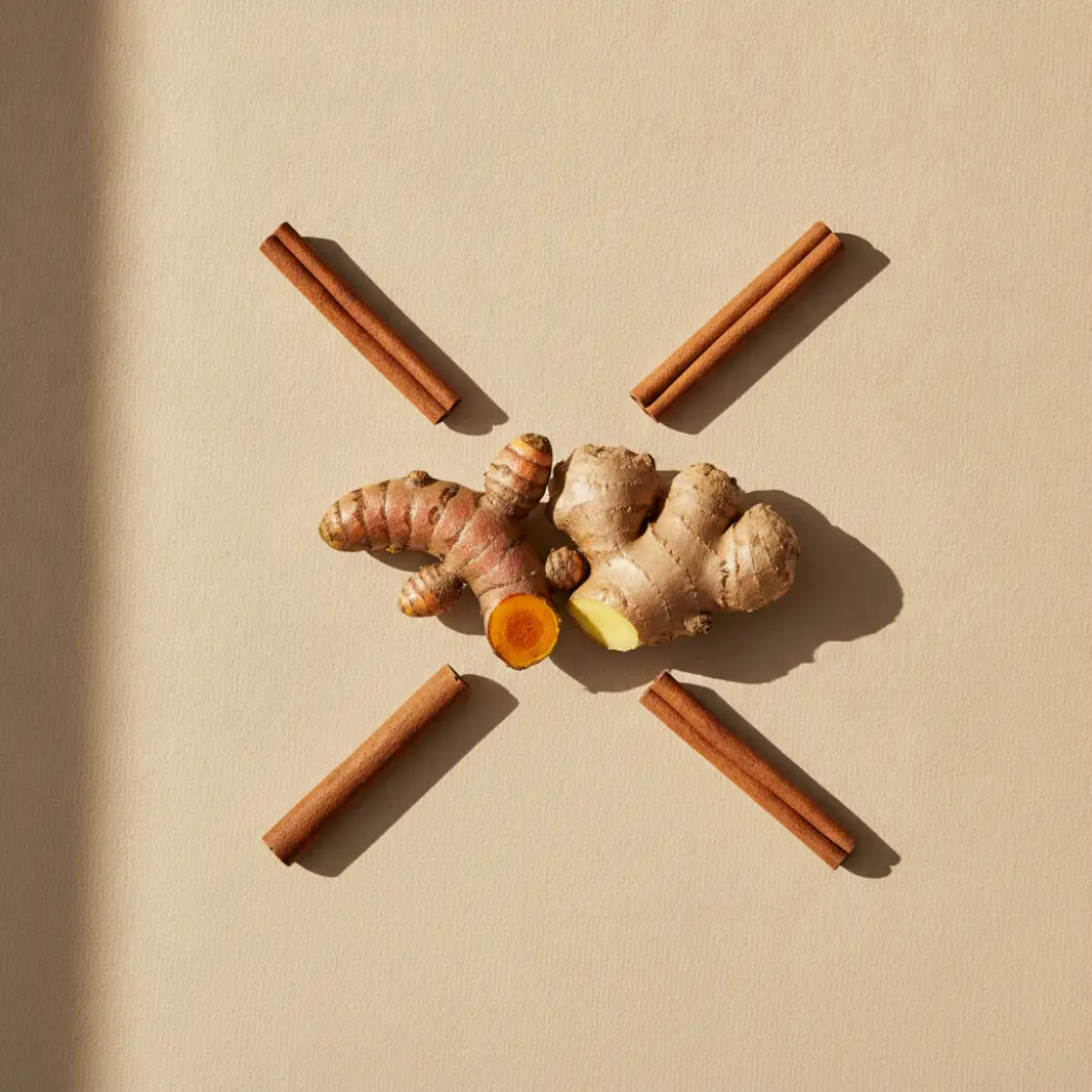 The Nue Co Debloat+ carminative herbs: turmeric, ginger and cinnamon