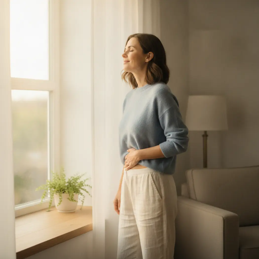 A relaxed, comfortable woman by a window with a flat, comfortable stomach, suggesting relief from bloating