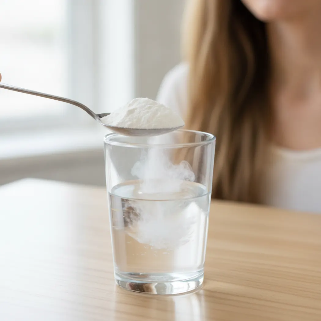 YU Nutrition unflavored collagen powder mixing into a glass of water