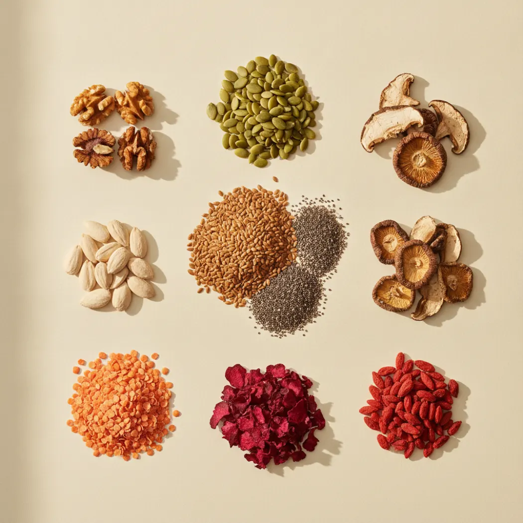 ZOE Daily30+ whole-plant ingredients: flaxseed, pumpkin seeds, walnuts, red lentils, beetroot and mushrooms